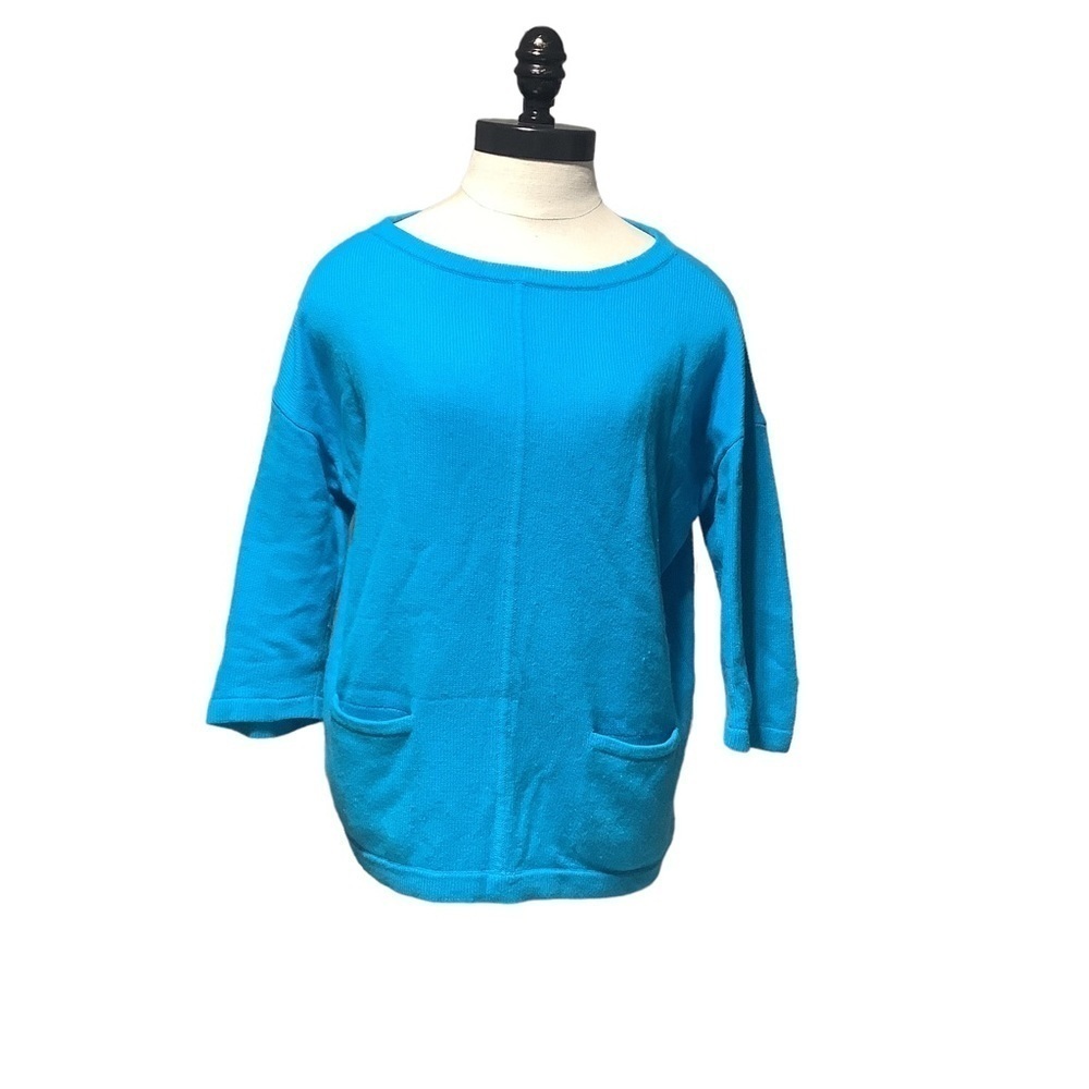 ANN TAYLOR Fine Merino Wool Blend Pocket Crew Neck‎ Sweater Blue Size M